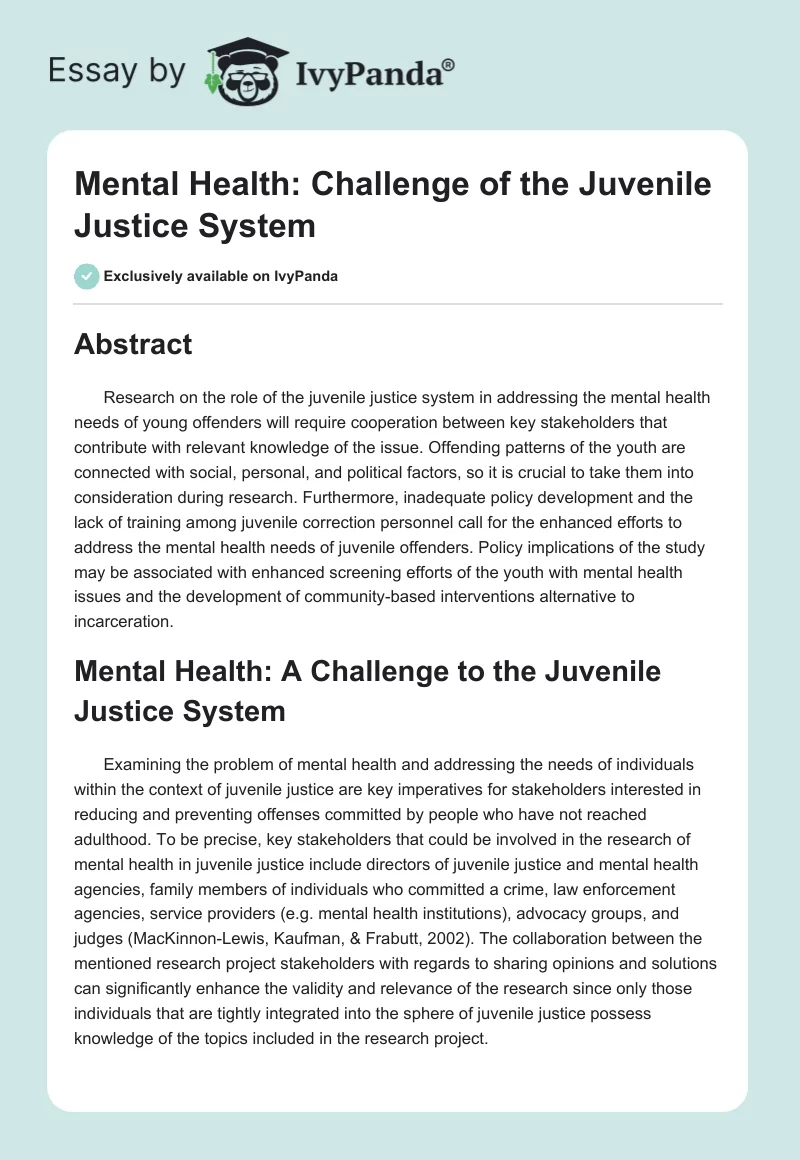 Mental Health: Challenge of the Juvenile Justice System. Page 1