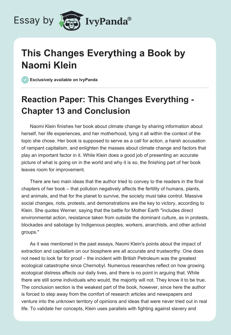"This Changes Everything" a Book by Naomi Klein. Page 1