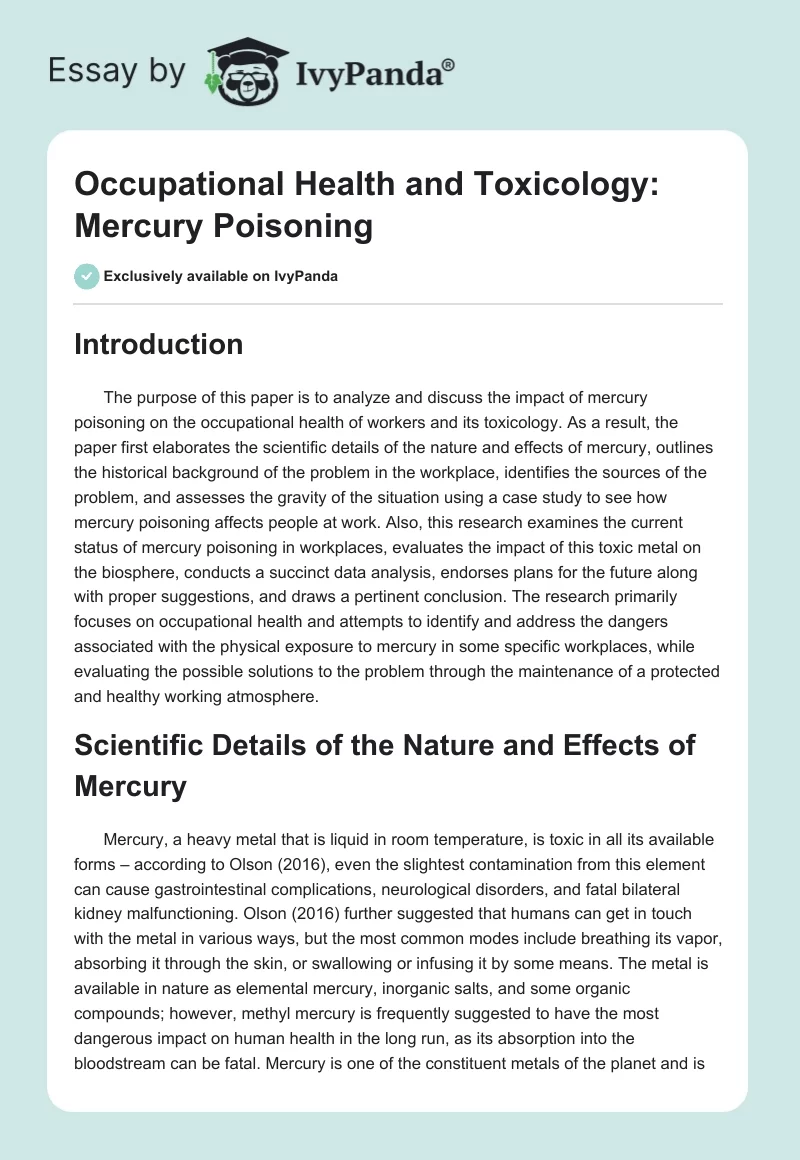 Occupational Health and Toxicology: Mercury Poisoning. Page 1