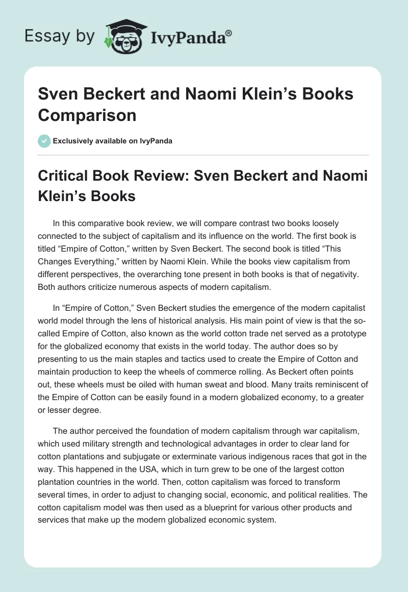 Sven Beckert and Naomi Klein’s Books Comparison. Page 1