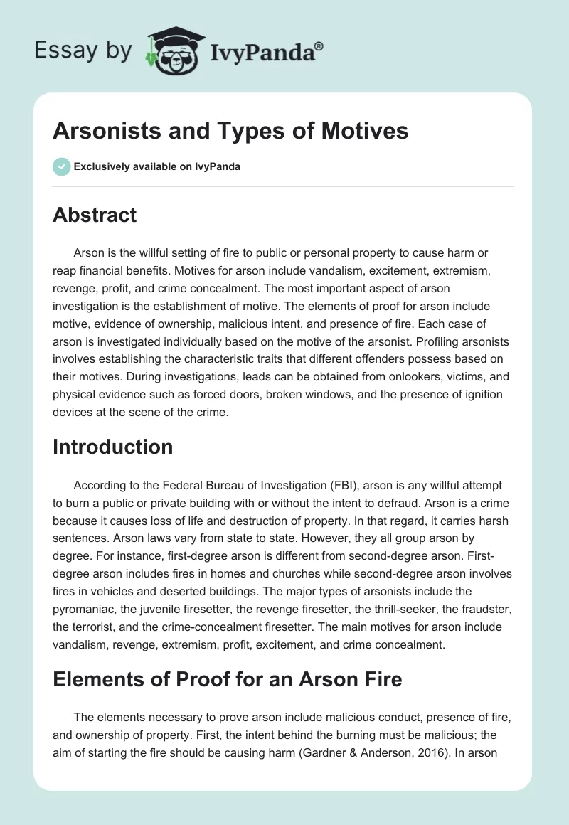 Arsonists and Types of Motives. Page 1