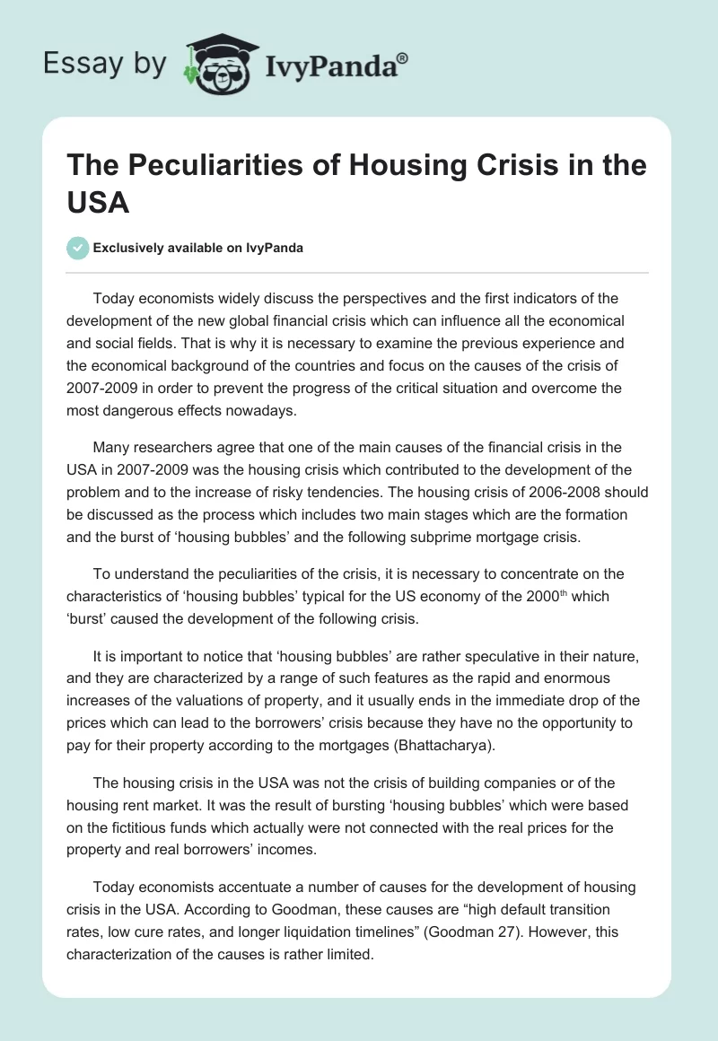 The Peculiarities of Housing Crisis in the USA. Page 1