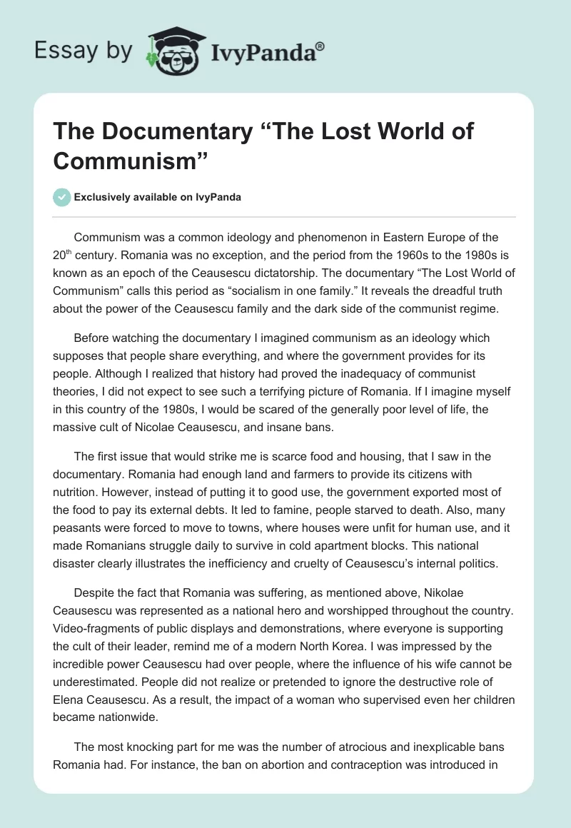 The Documentary “The Lost World of Communism”. Page 1