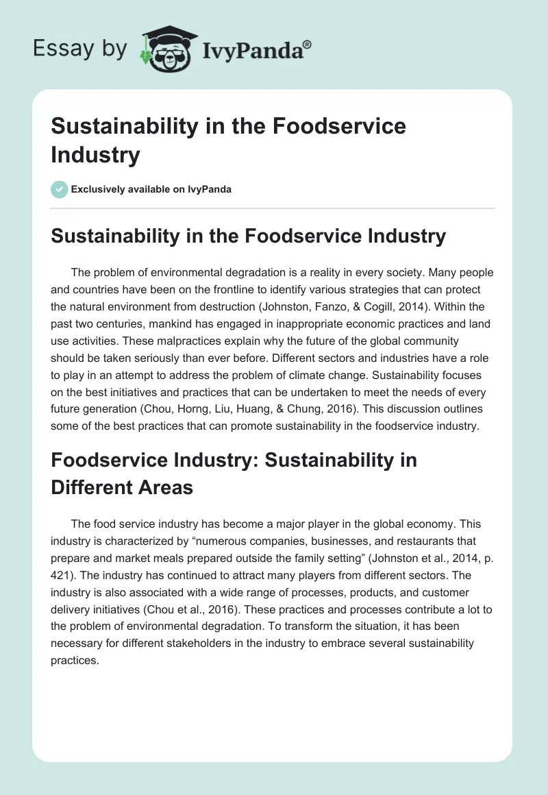Sustainability in the Foodservice Industry. Page 1