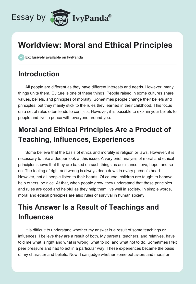 Worldview: Moral and Ethical Principles. Page 1
