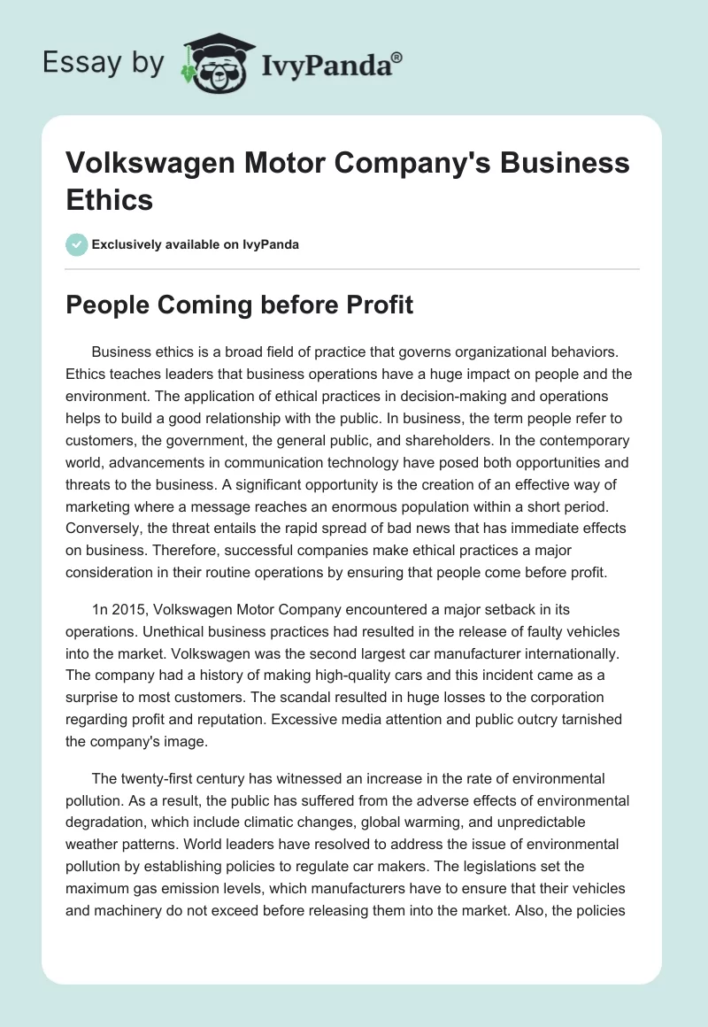 Volkswagen Motor Company's Business Ethics. Page 1