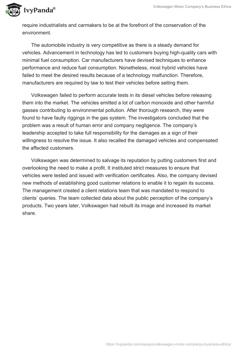Volkswagen Motor Company's Business Ethics. Page 2