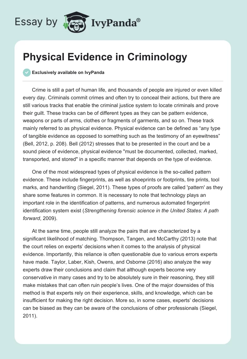 Physical Evidence in Criminology. Page 1