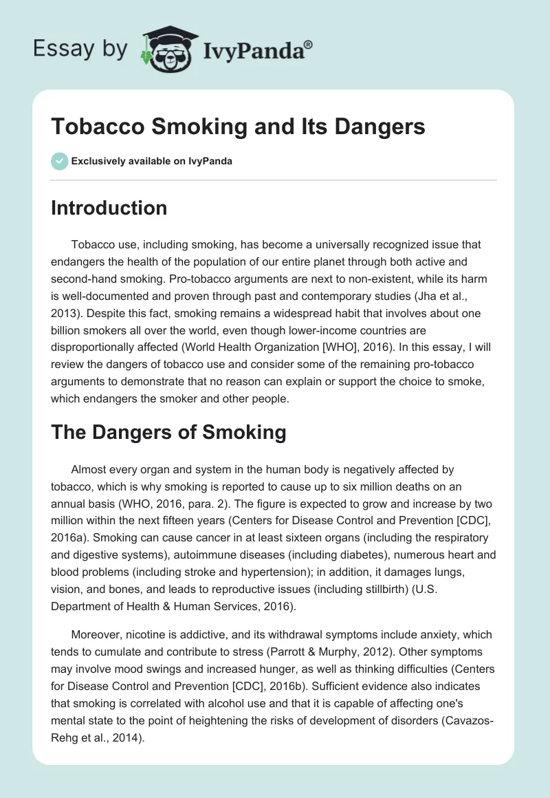 Tobacco Smoking and Its Dangers. Page 1