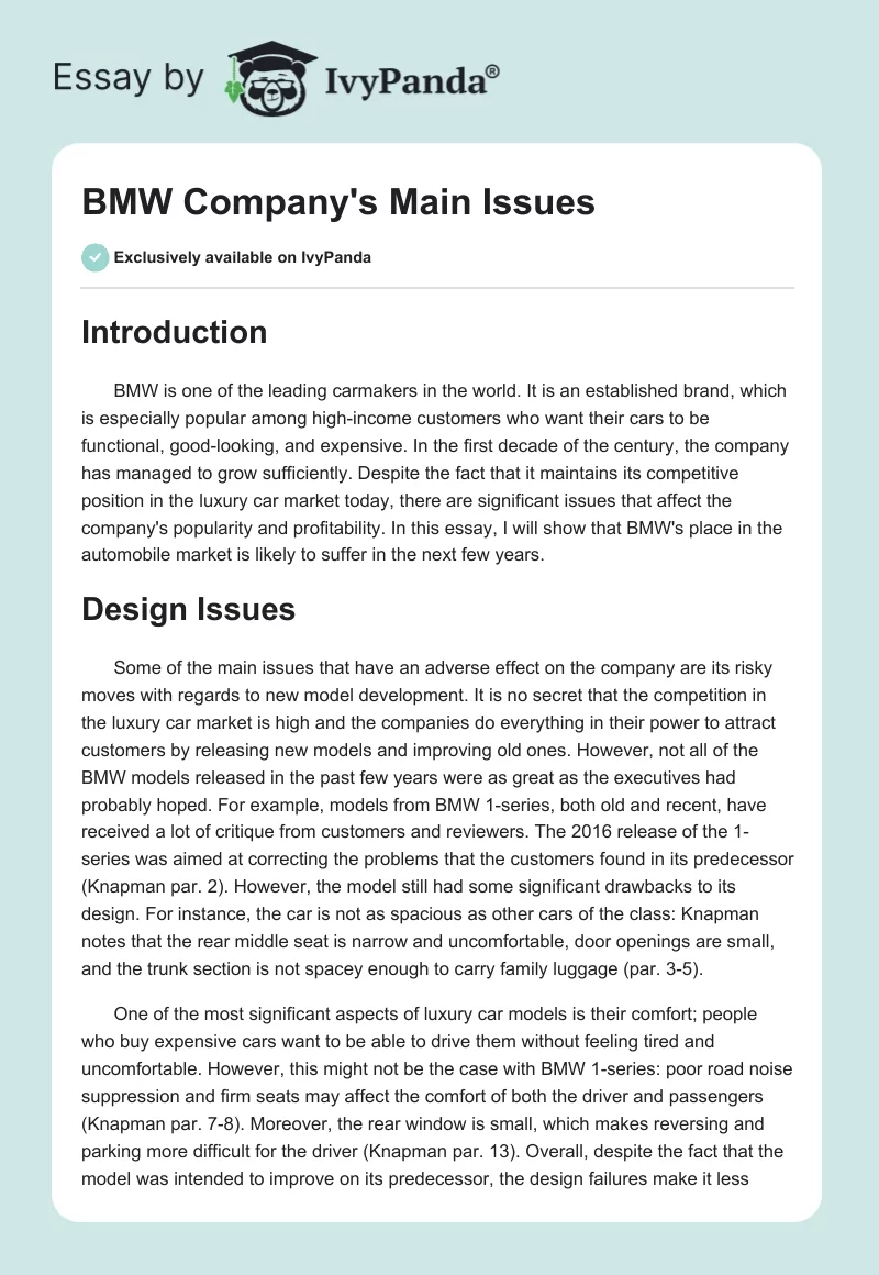 BMW Company's Main Issues. Page 1