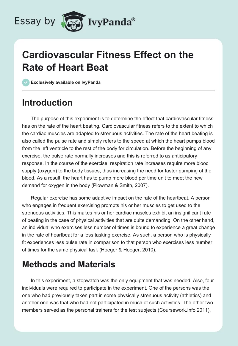 Cardiovascular Fitness Effect on the Rate of Heart Beat. Page 1