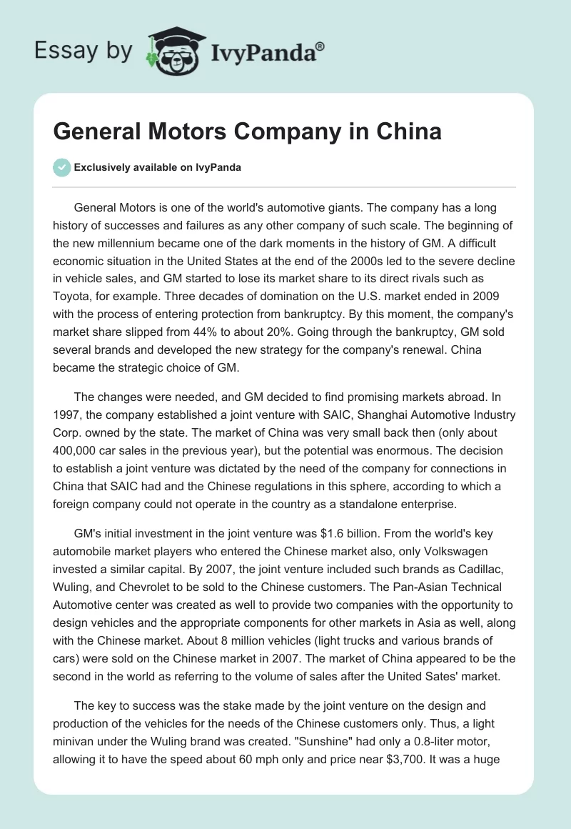 General Motors Company in China. Page 1