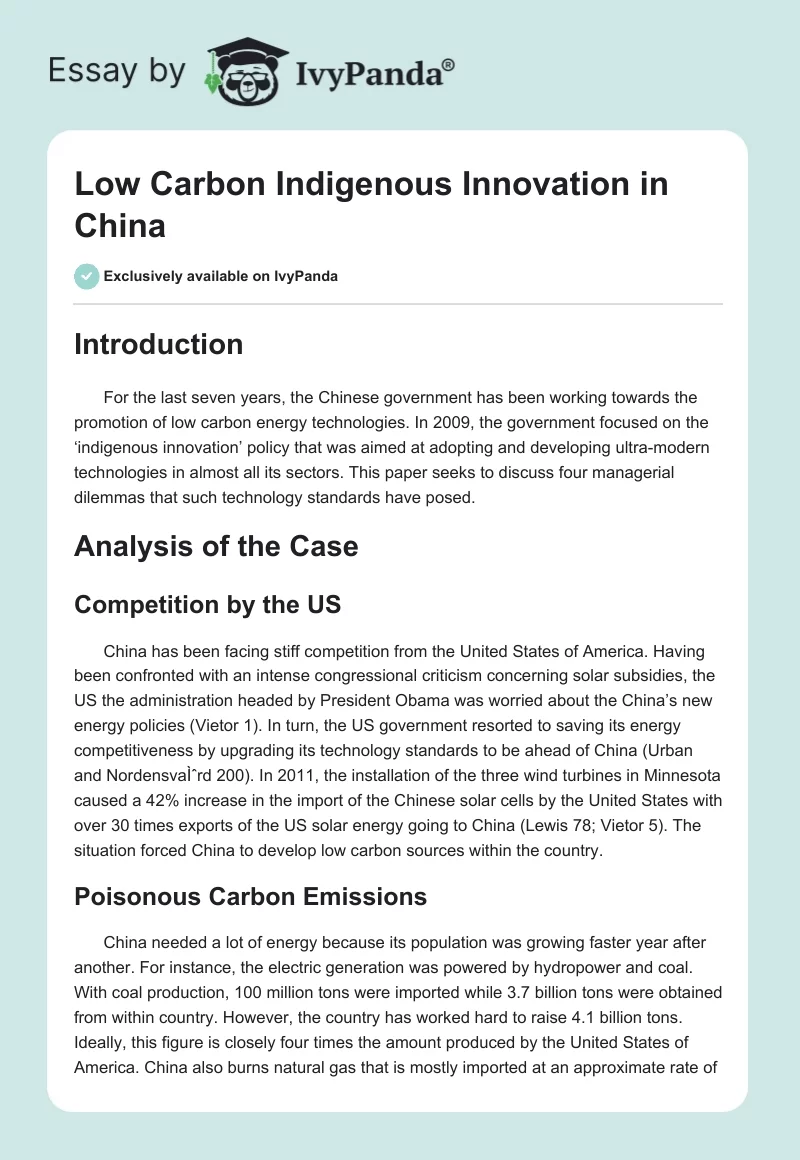 Low Carbon Indigenous Innovation in China. Page 1