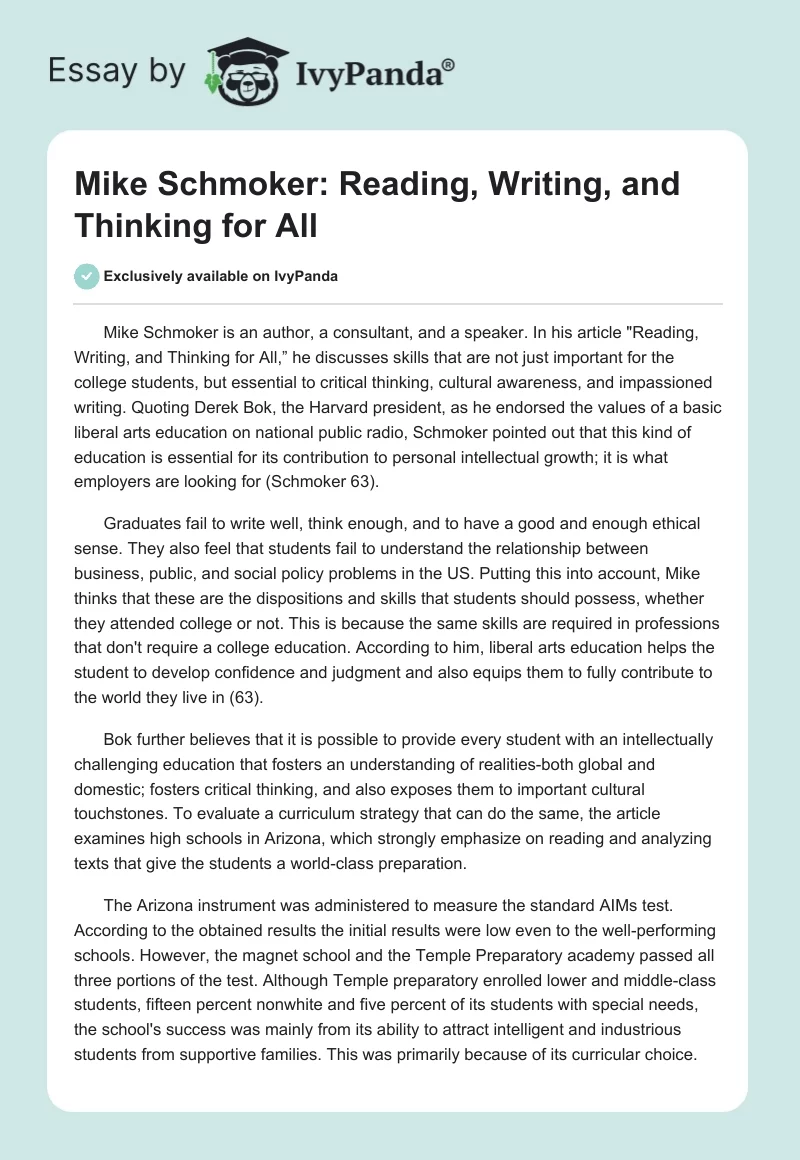 Mike Schmoker: Reading, Writing, and Thinking for All. Page 1