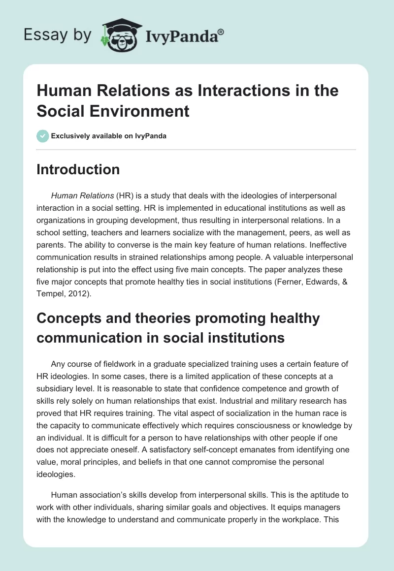 Human Relations as Interactions in the Social Environment. Page 1