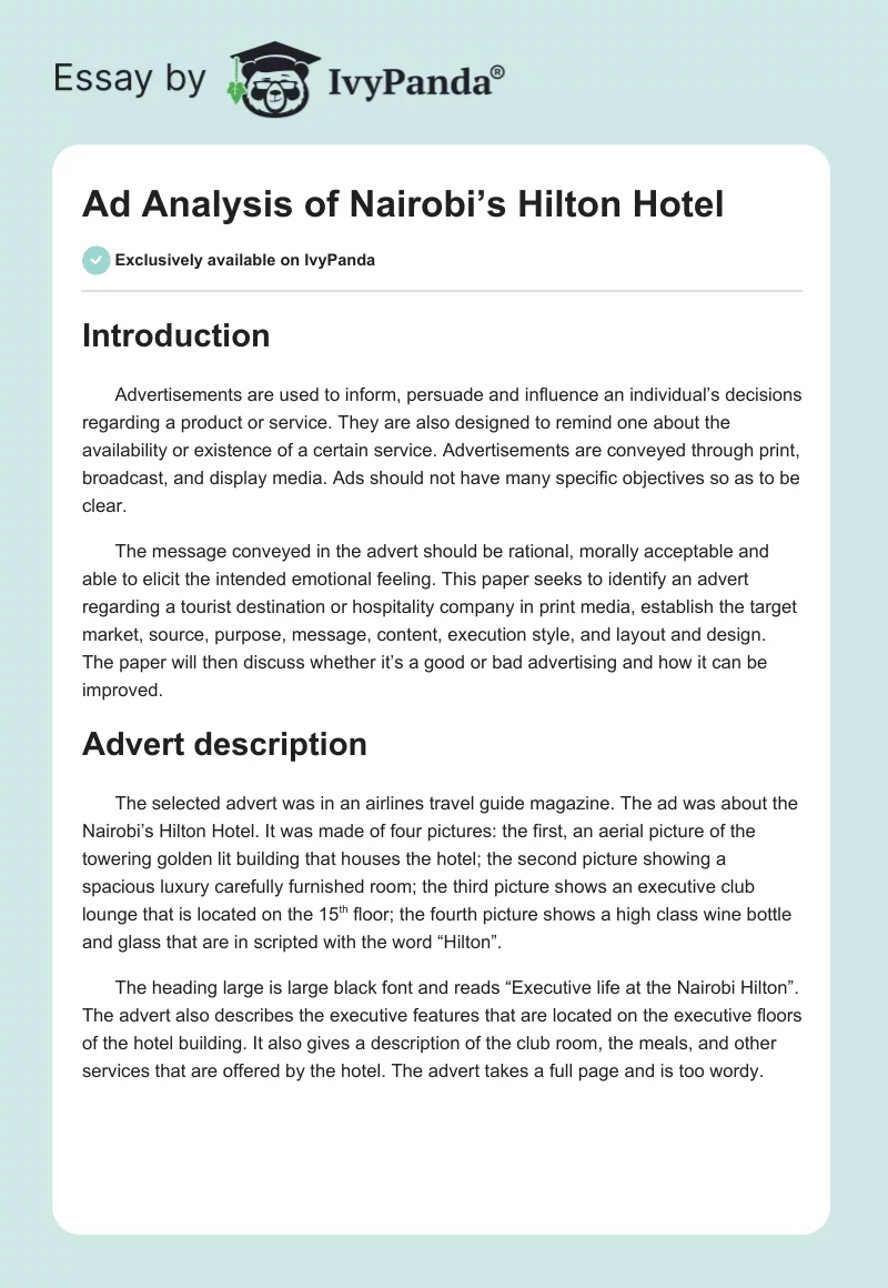 Ad Analysis of Nairobi’s Hilton Hotel. Page 1