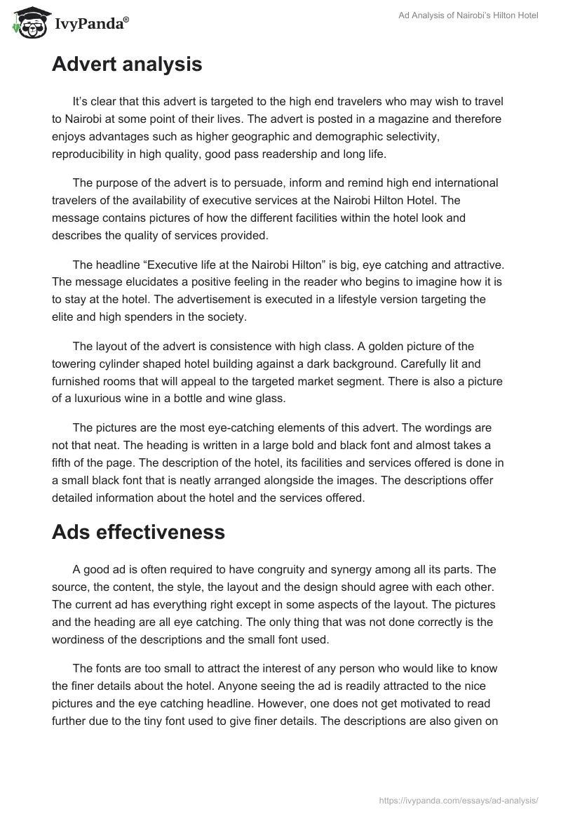 Ad Analysis of Nairobi’s Hilton Hotel. Page 2