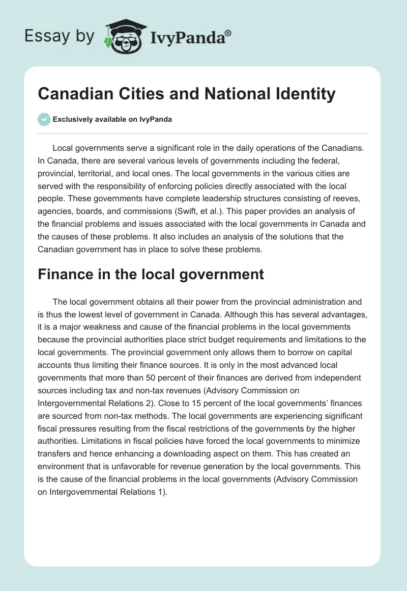 Canadian Cities and National Identity. Page 1