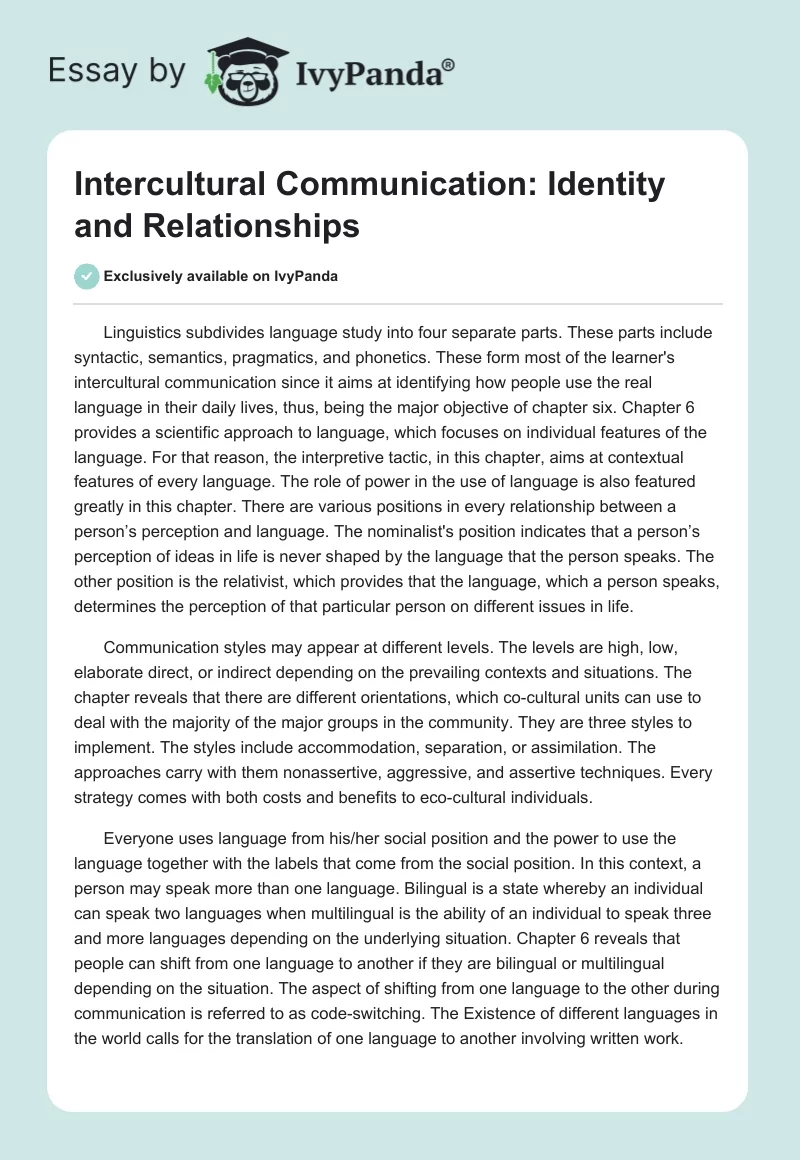 Intercultural Communication: Identity and Relationships. Page 1