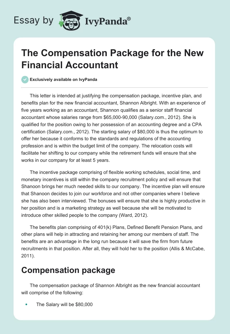 The Compensation Package for the New Financial Accountant. Page 1