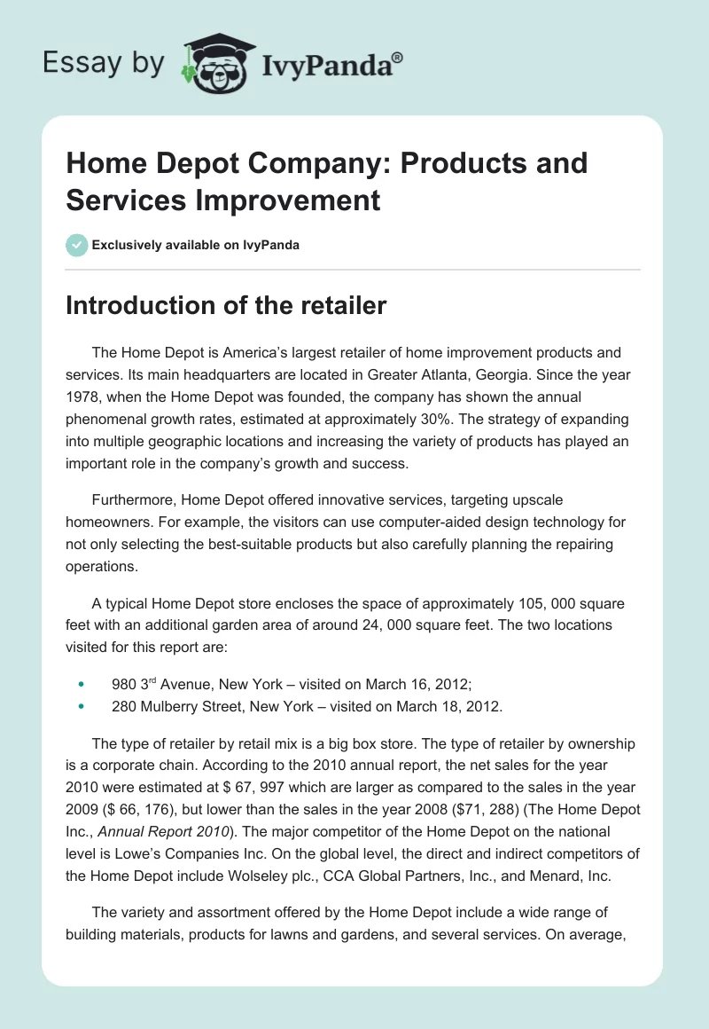 Home Depot Company: Products and Services Improvement. Page 1