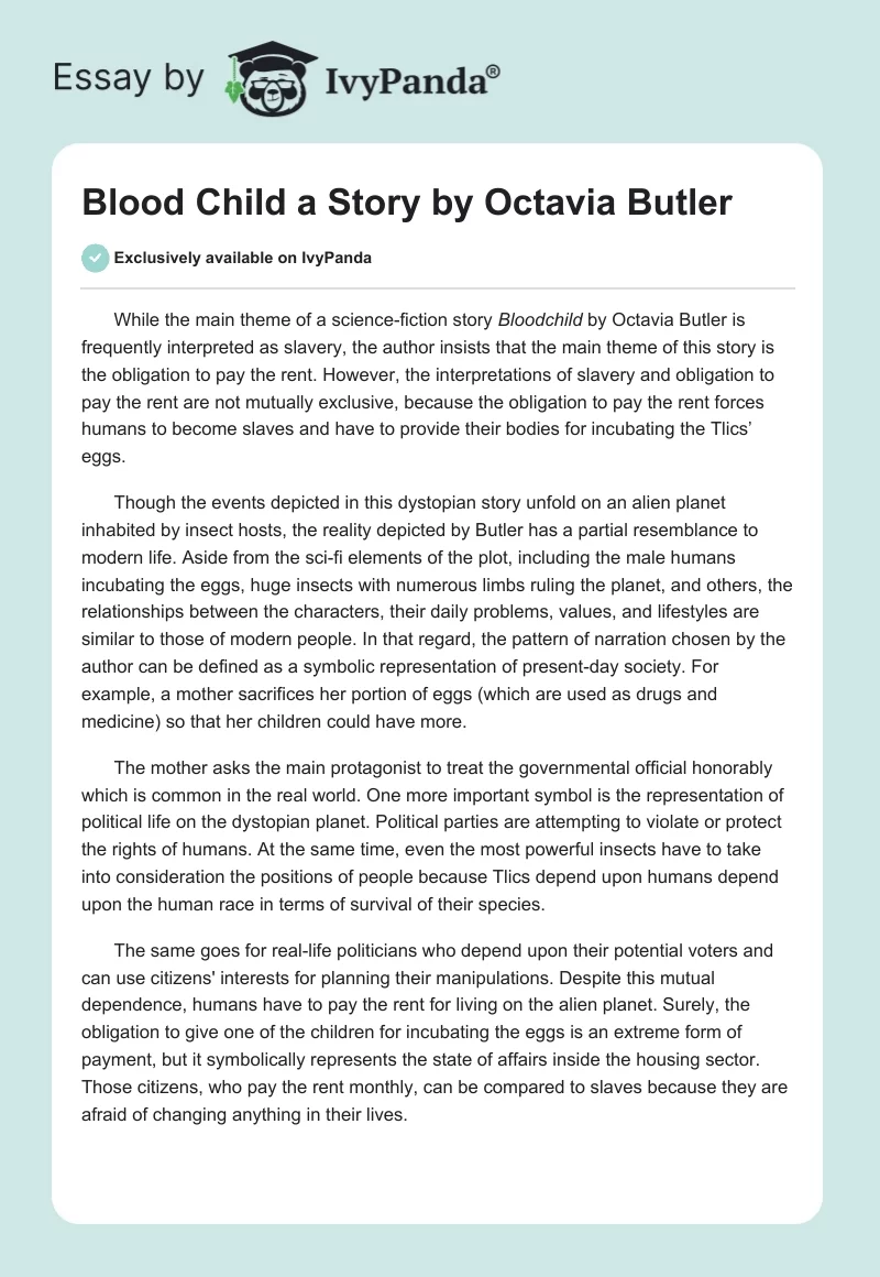 "Blood Child" a Story by Octavia Butler. Page 1
