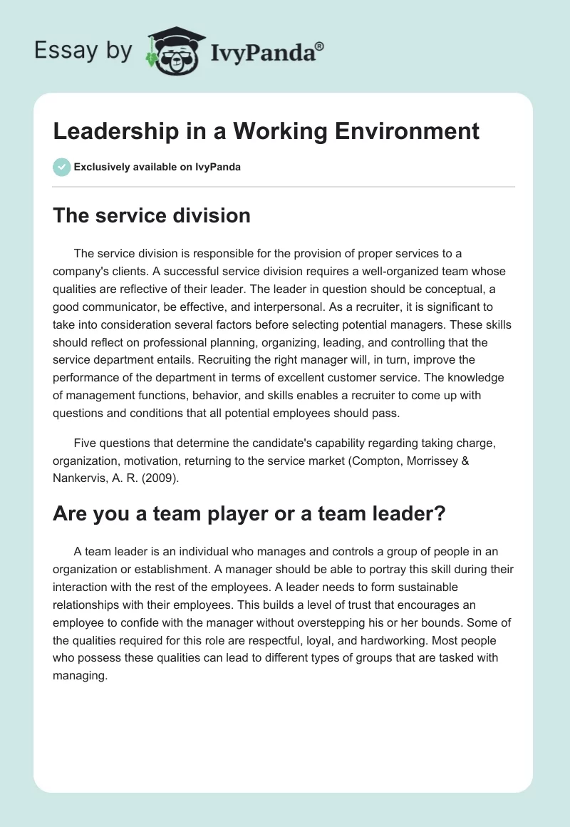 Leadership in a Working Environment. Page 1