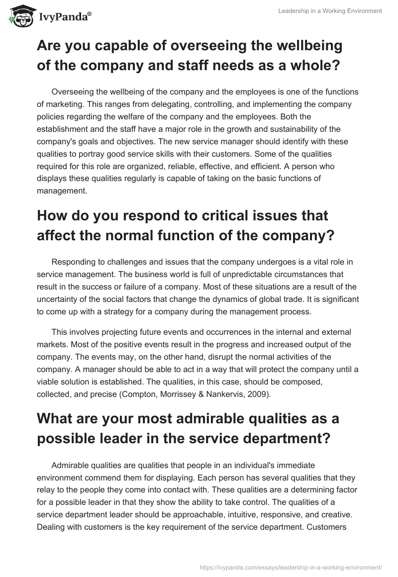 Leadership in a Working Environment. Page 2