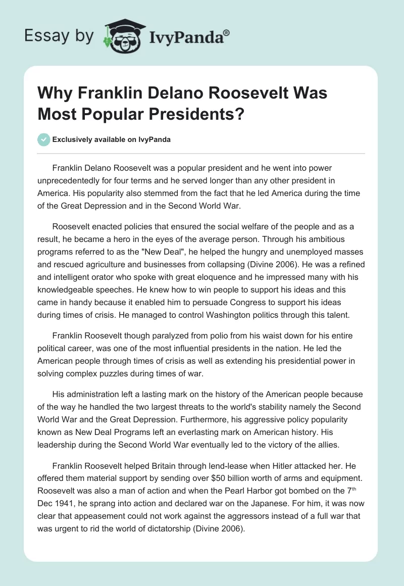 Why Franklin Delano Roosevelt Was Most Popular Presidents?. Page 1