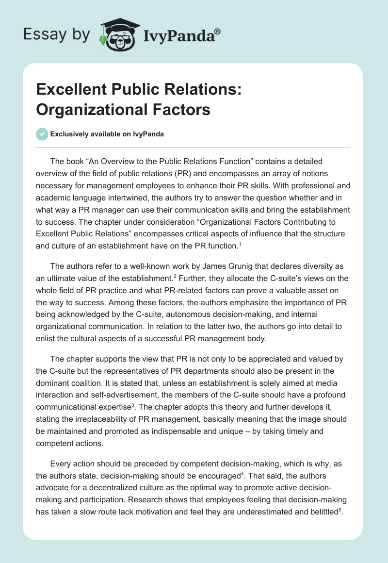 Excellent Public Relations: Organizational Factors. Page 1