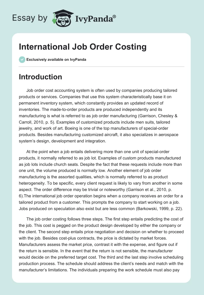 International Job Order Costing. Page 1
