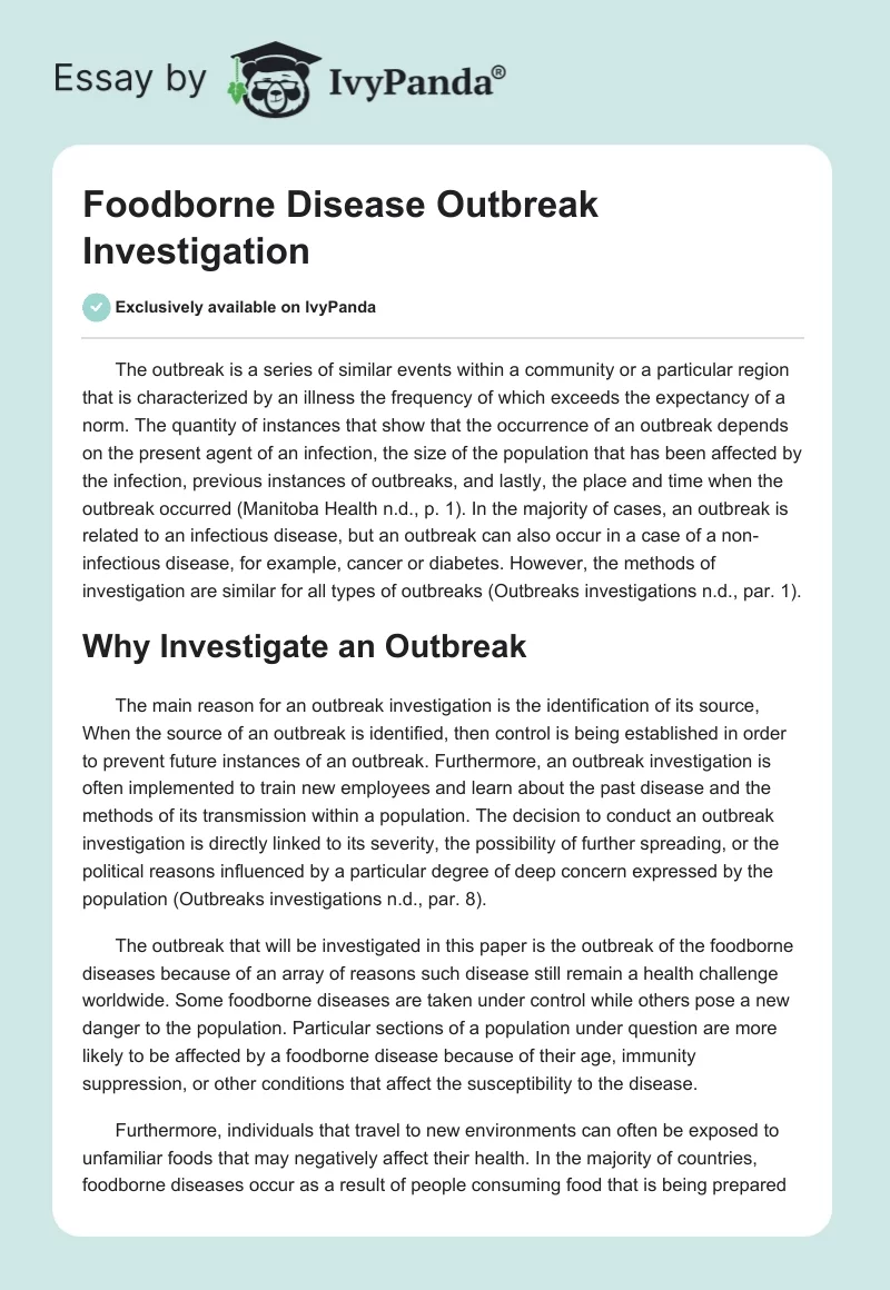 Foodborne Disease Outbreak Investigation. Page 1