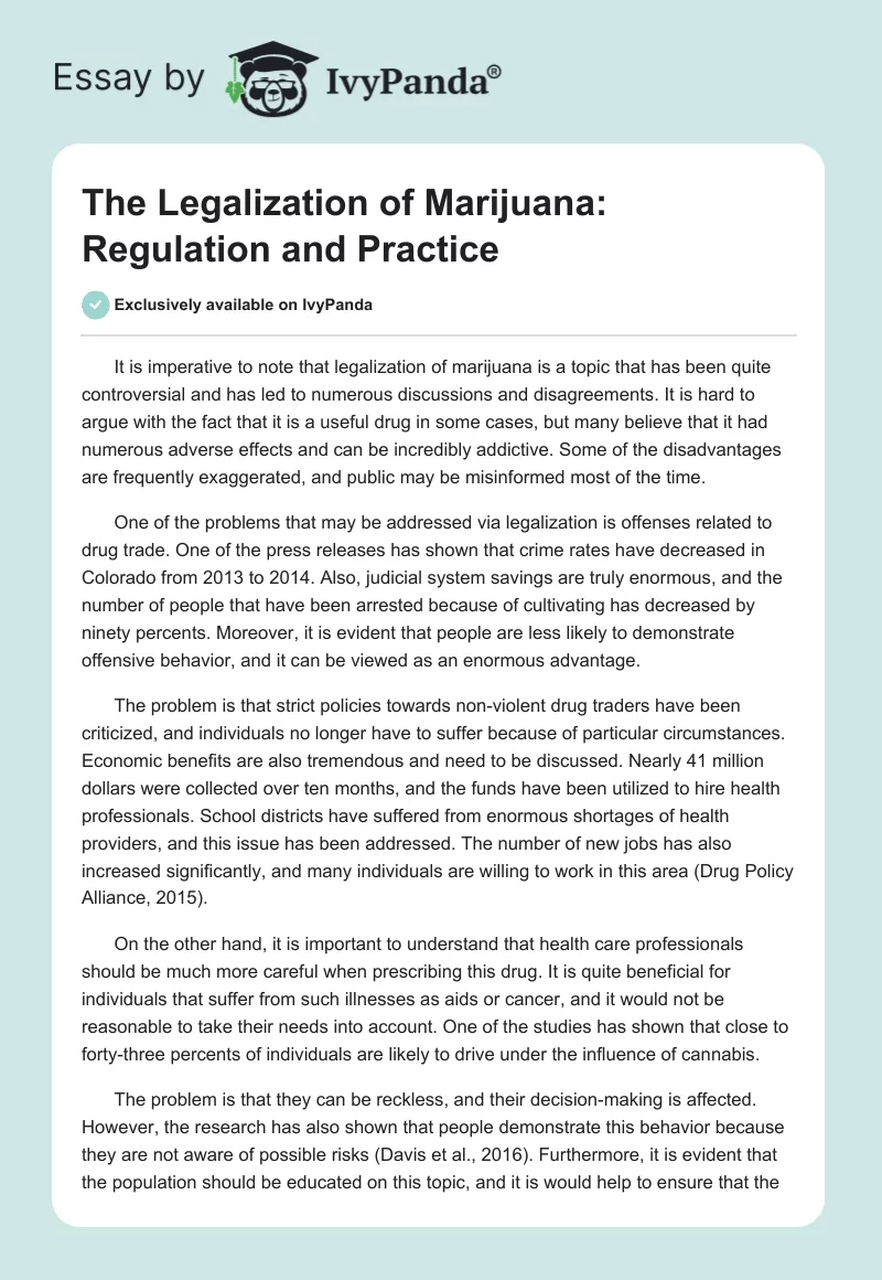 The Legalization of Marijuana: Regulation and Practice. Page 1