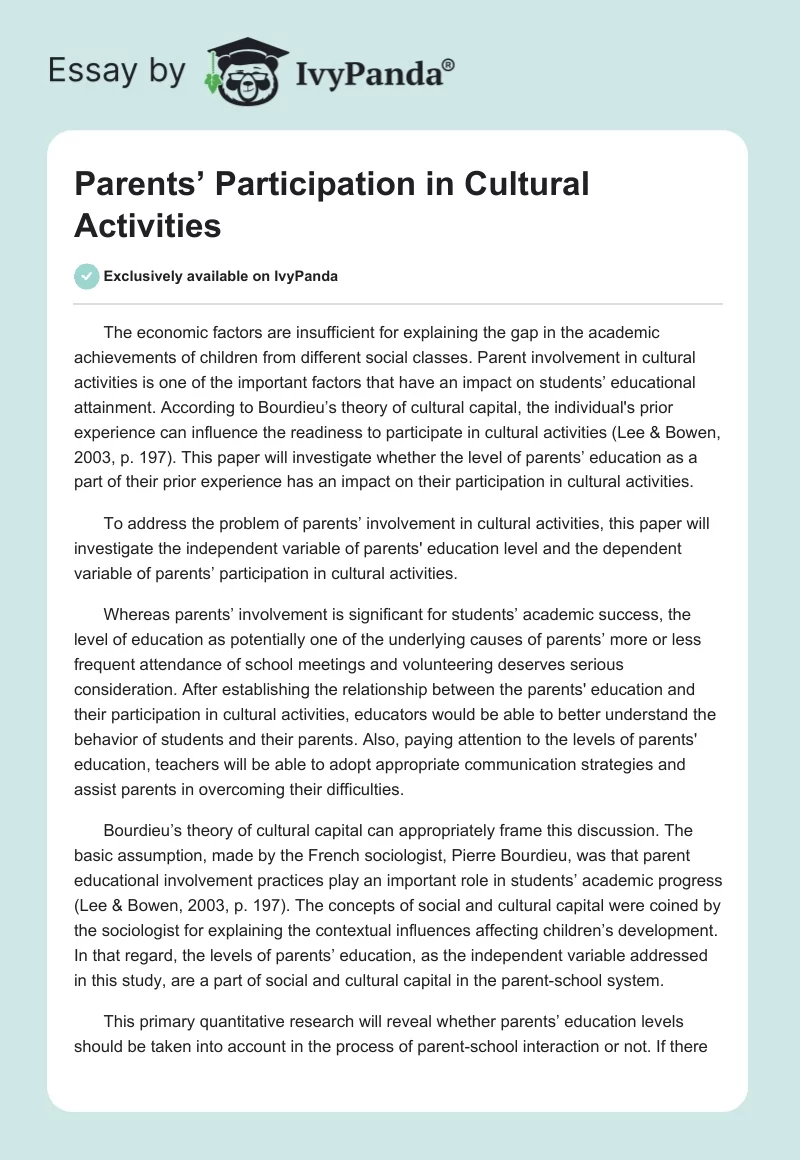 Parents’ Participation in Cultural Activities. Page 1