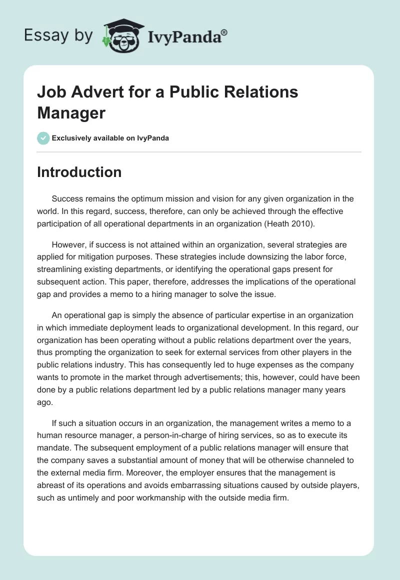 Job Advert for a Public Relations Manager. Page 1