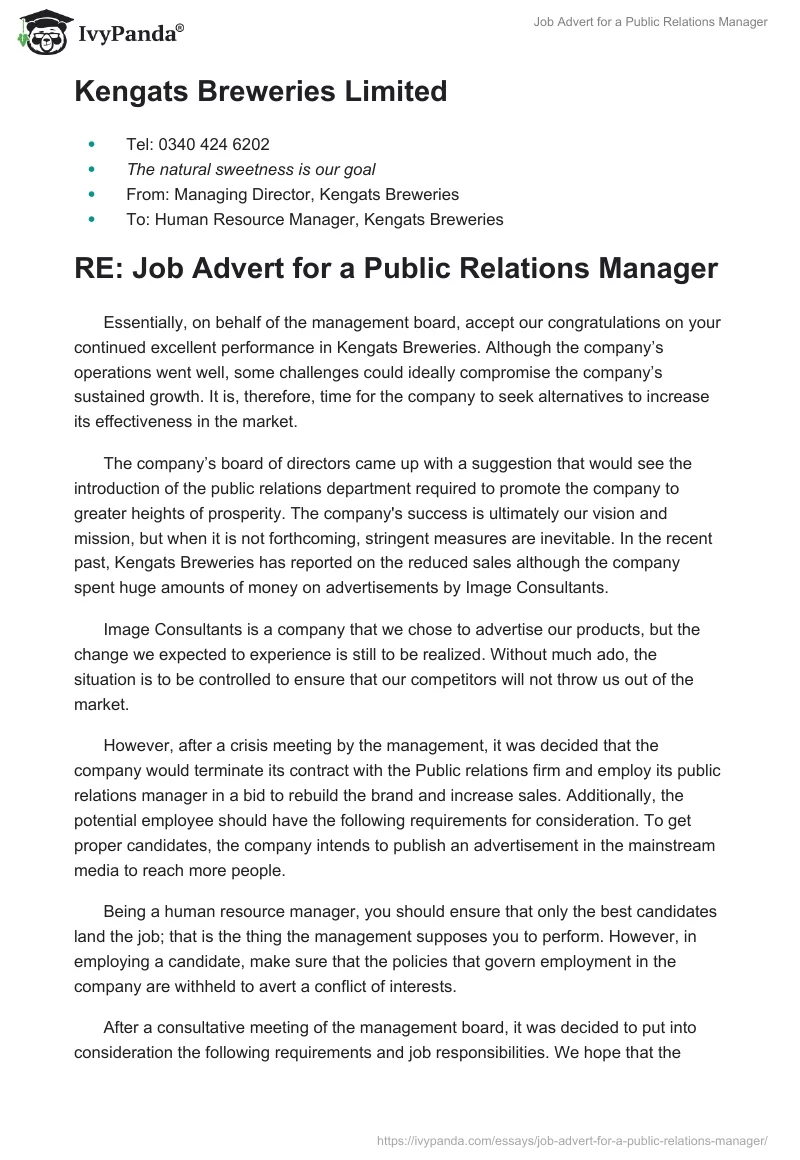 Job Advert for a Public Relations Manager. Page 2