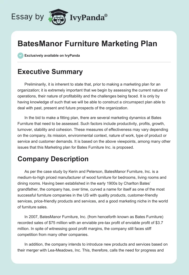 BatesManor Furniture Marketing Plan. Page 1