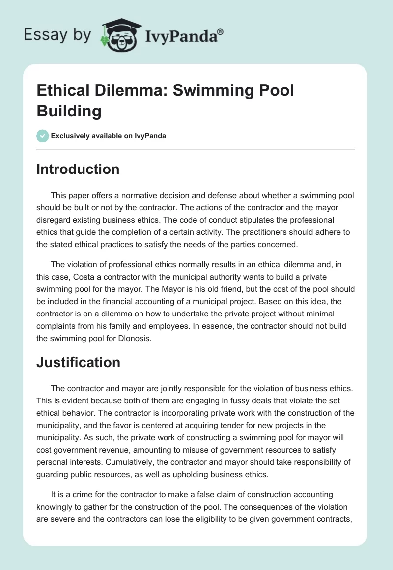Ethical Dilemma: Swimming Pool Building. Page 1