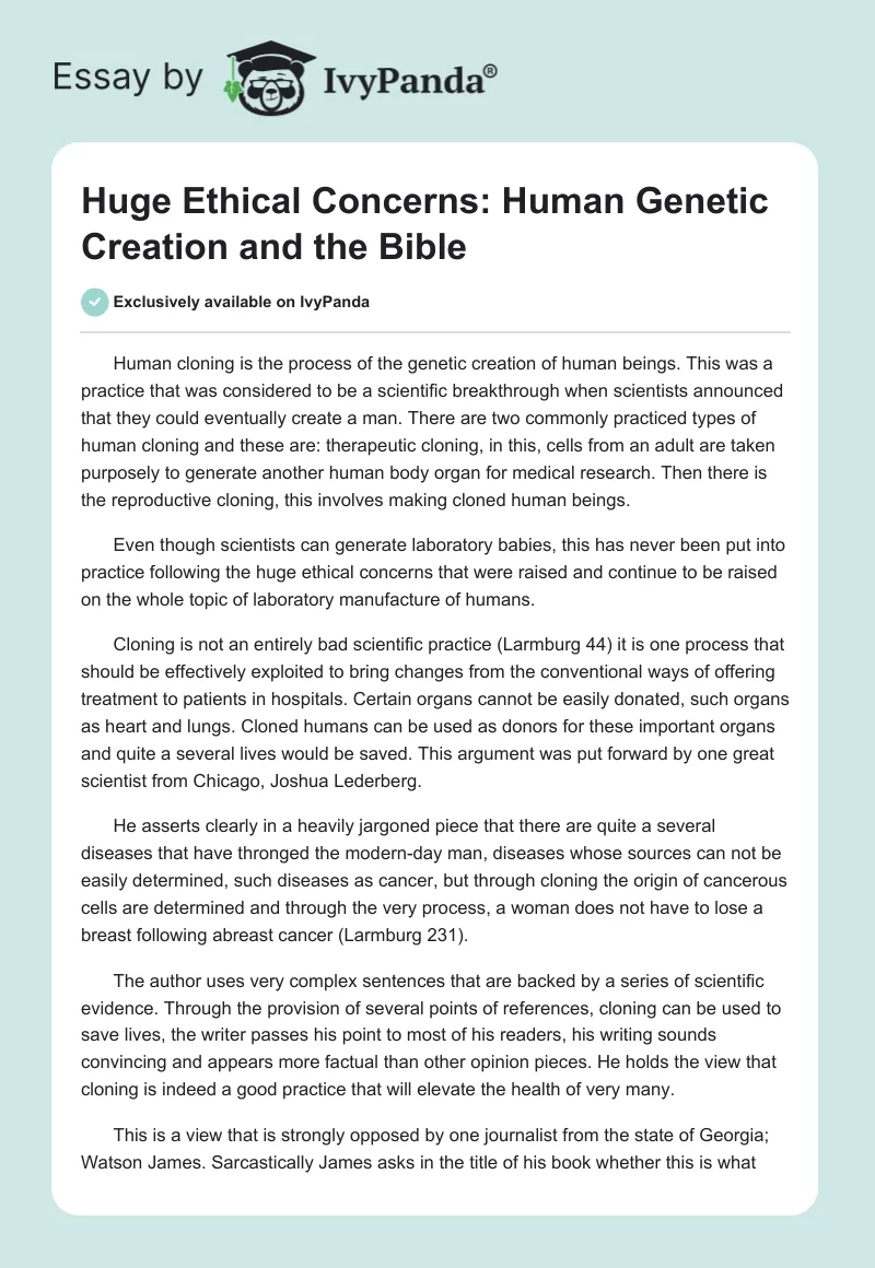Huge Ethical Concerns: Human Genetic Creation and the Bible. Page 1