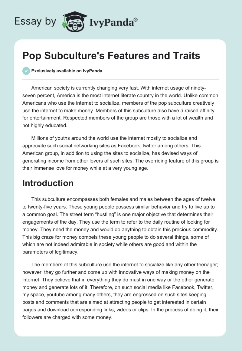 Pop Subculture's Features and Traits. Page 1