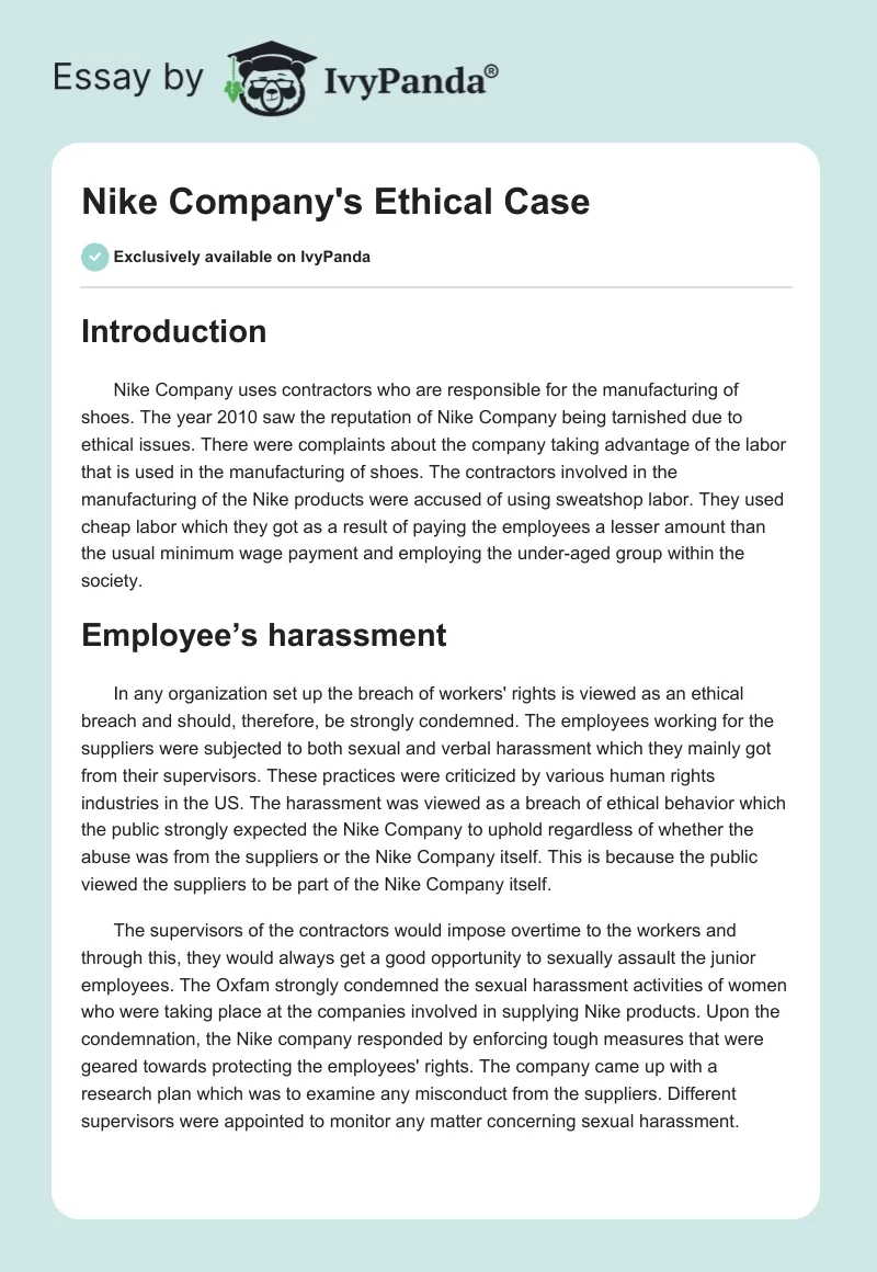 Nike Company's Ethical Case. Page 1