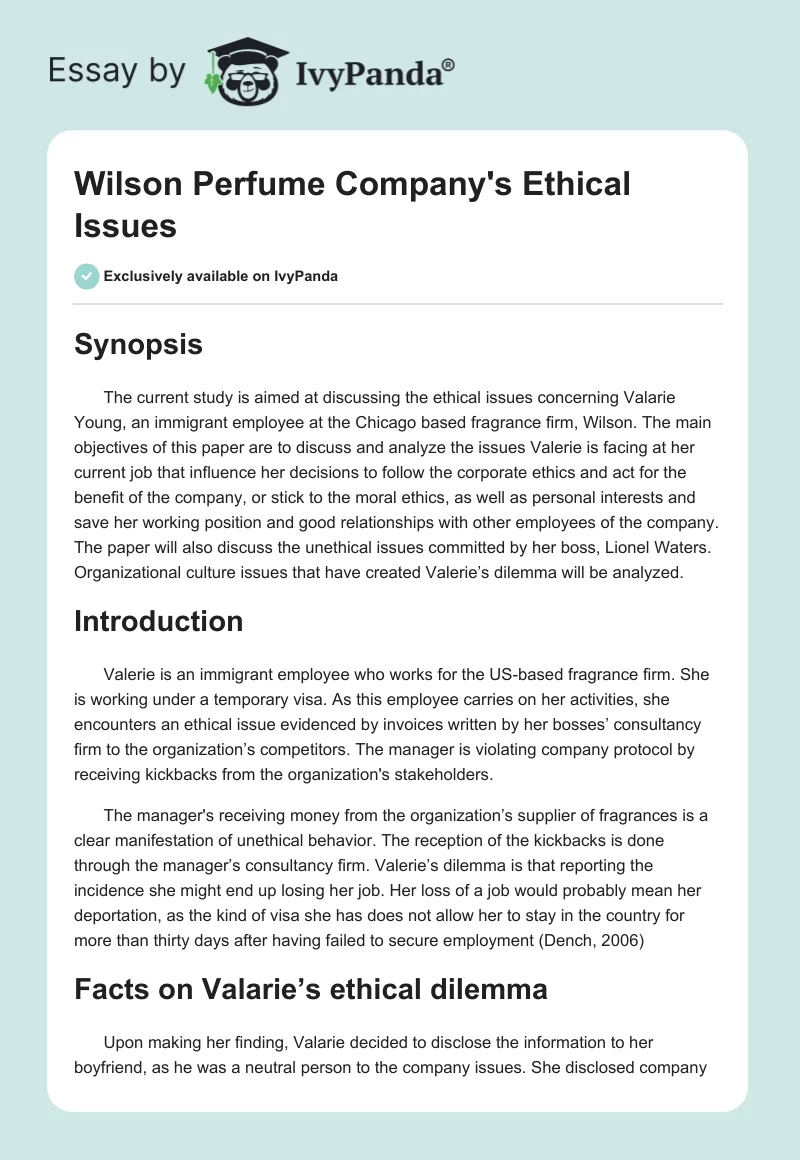 Wilson Perfume Company's Ethical Issues. Page 1