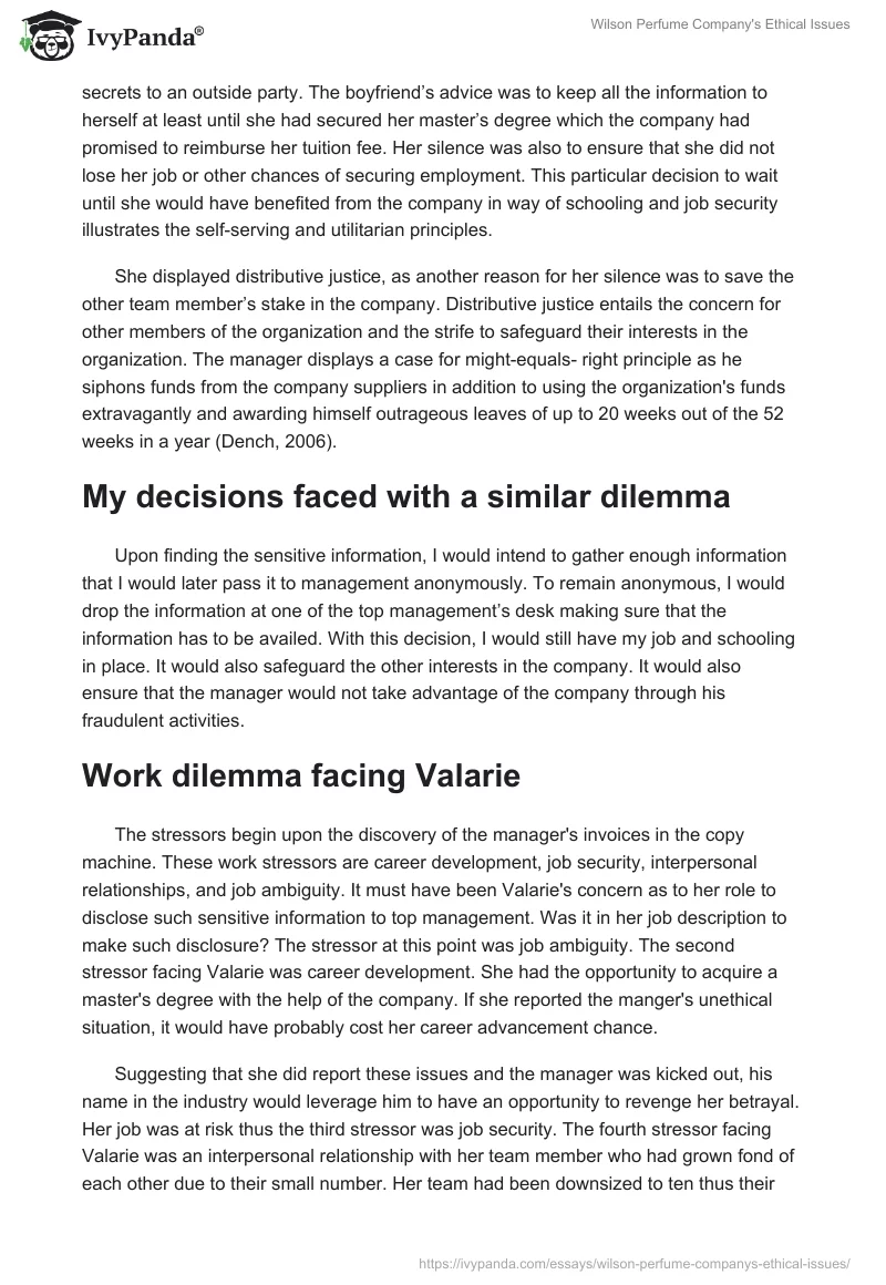 Wilson Perfume Company's Ethical Issues. Page 2