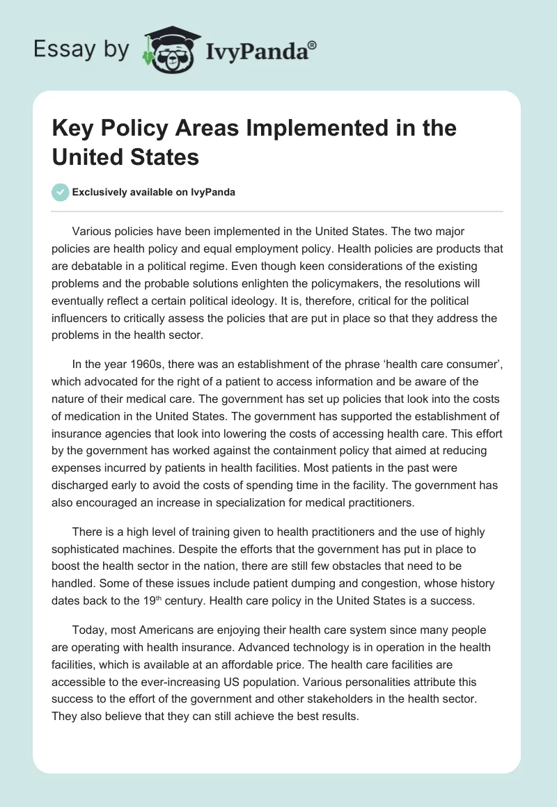 Key Policy Areas Implemented in the United States. Page 1