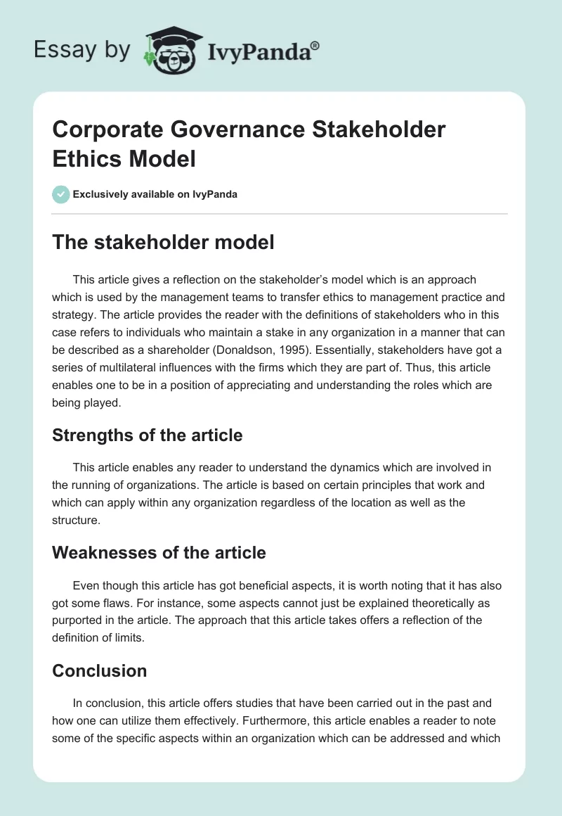 Corporate Governance Stakeholder Ethics Model. Page 1