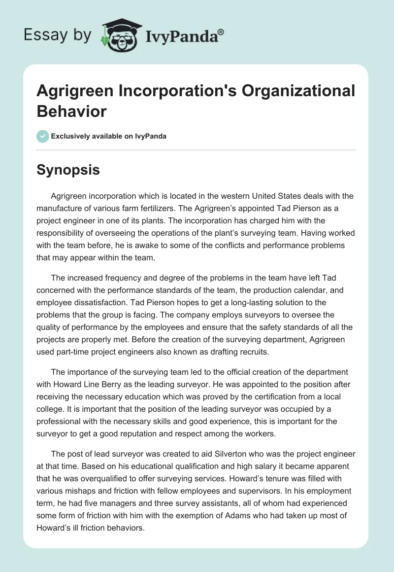 Agrigreen Incorporation's Organizational Behavior. Page 1