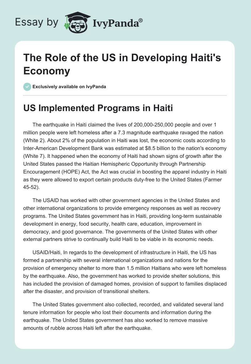The Role of the US in Developing Haiti's Economy. Page 1