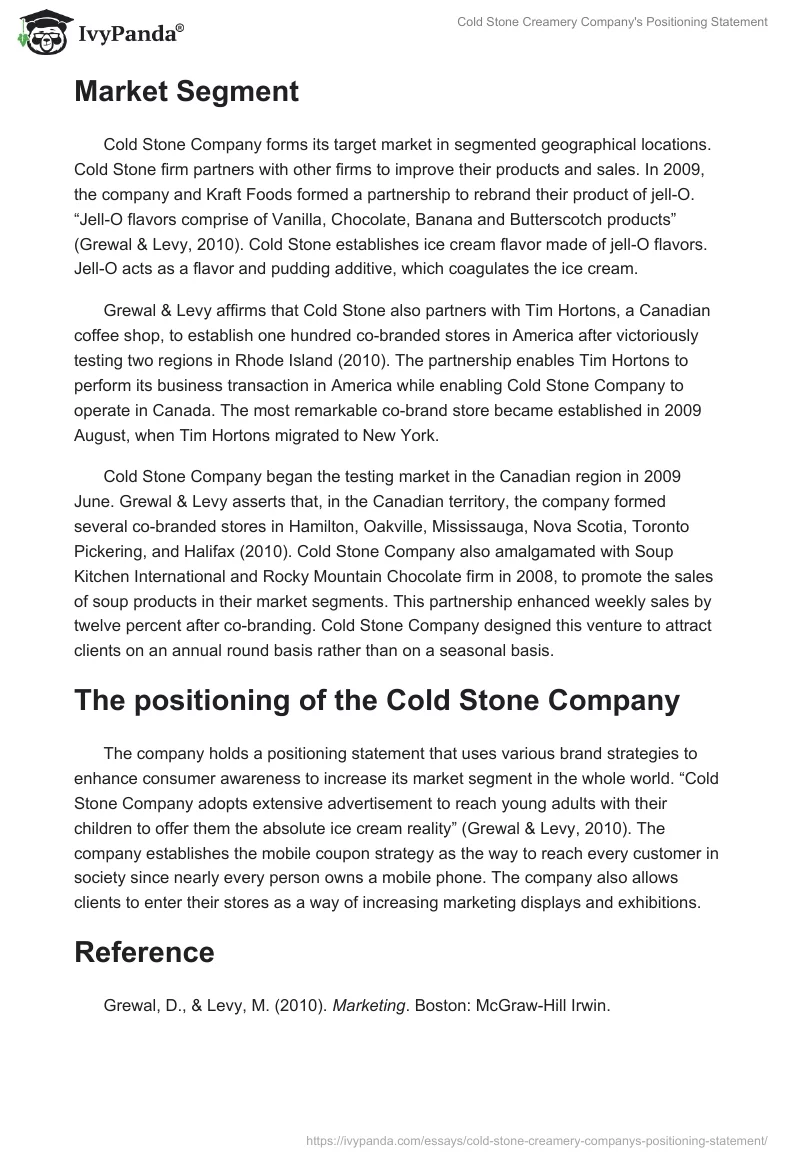 Cold Stone Creamery Company's Positioning Statement. Page 2