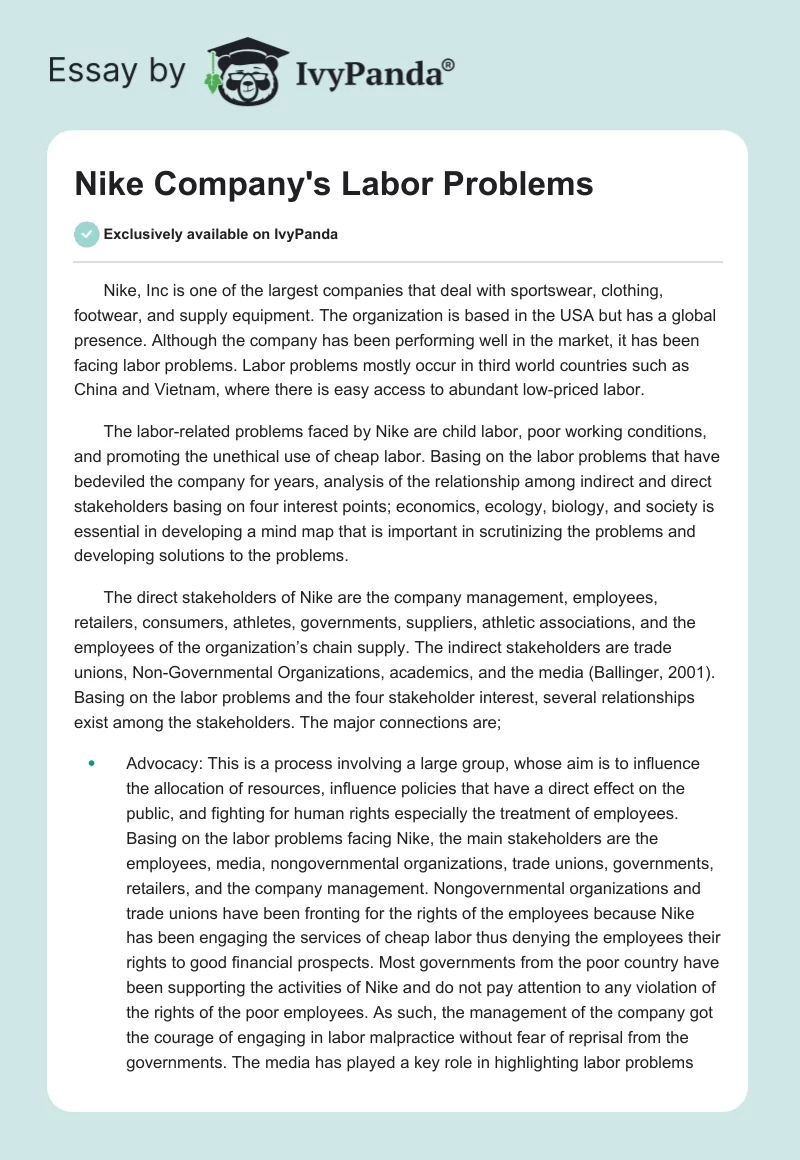 Nike Company's Labor Problems. Page 1