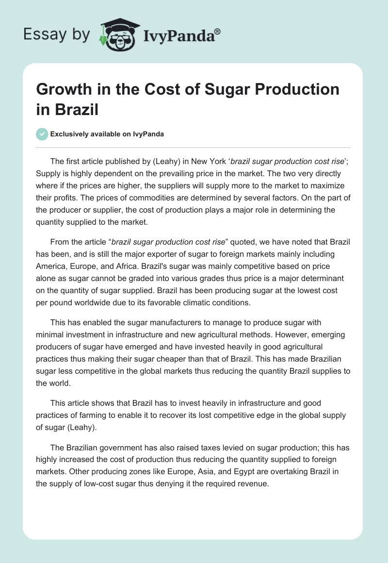 Growth in the Cost of Sugar Production in Brazil. Page 1